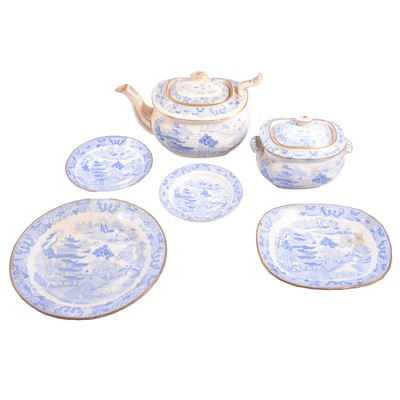 Lot 66 - English blue and white transfer part teaset, 19th century, and a Regency glass urn