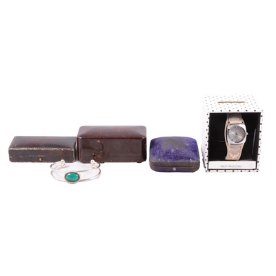 Lot 441 - Blue John earring, white metal silver chain, paste set bangle, watch, and vintage jewellery boxes.