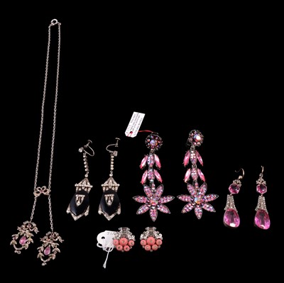 Lot 1189 - A pair of Art Deco paste and black earrings, other pink stone vintage jewellery.