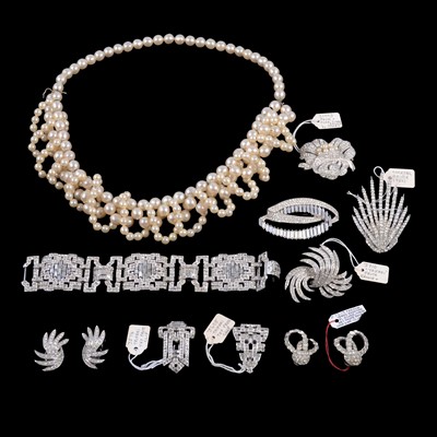 Lot 1199 - A large vintage simulated pearl collar and paste set Trifari and similar jewellery.