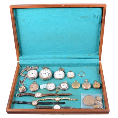 Lot 1096 - A wooden case containing pocket, fob and wristwatches, Albert watch chain and sovereign case.