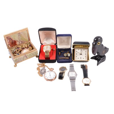 Lot 476 - A collection of wrist and pocket watch, costume jewellery pelican match striker.