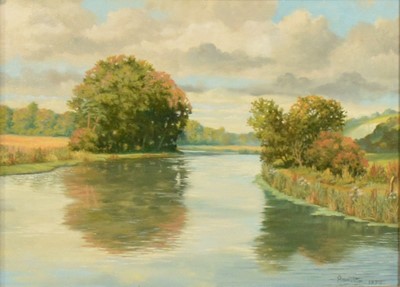 Lot 210 - V.J. Hamilton (20th century), Autumn on the Test, and another riverscape