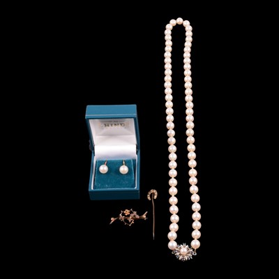 Lot 382 - A cultured pearl necklace, earrings, brooch and tie pin.