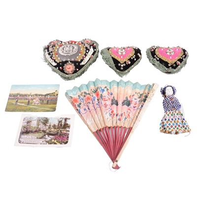 Lot 133 - Three sweetheart pin cushions, beaded doll, embroidered postcard, fan, framed watercolour.