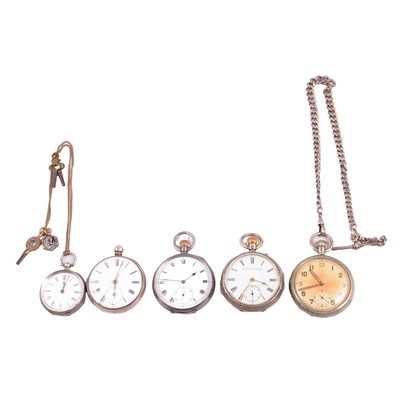 Lot 1093 - Bravingtons - a military pocket watch, three silver pocket watches and a white metal fob watch.