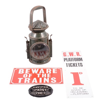 Lot 136 - A 1945 railway lamp, cast iron sign "Due for Paint 1963", two other signs.