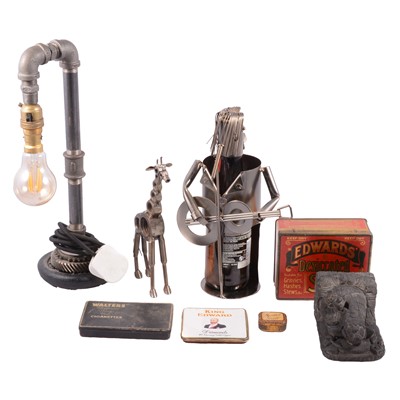 Lot 134 - A steam punk lamp conversion, bottle holder, giraffe, mahogany famed glass photograph holder Buddha.