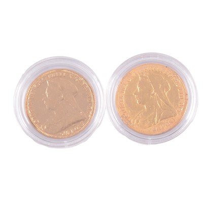 Lot 1136 - Two Gold Full Sovereign Coins, Victoria Veiled Head, 1893/1895.