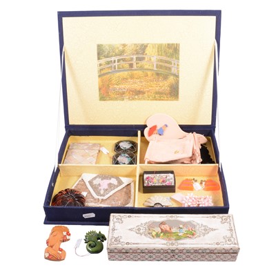 Lot 1223 - A vintage blue fabric box with mother-of-pearl card case, beaded purse, hand mirror etc.