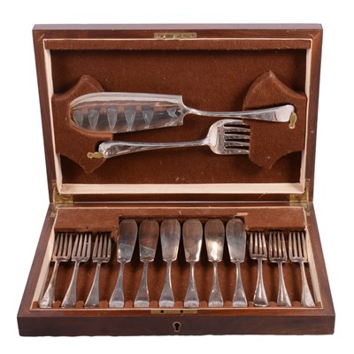 Lot 132 - Set of six silver fish knives and forks, with matching servers, cased