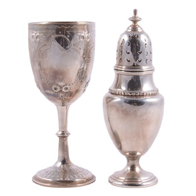 Lot 141 - A Victorian silver goblet, George Unite & Sons, Birmingham 1874, and a silver sugar shaker.