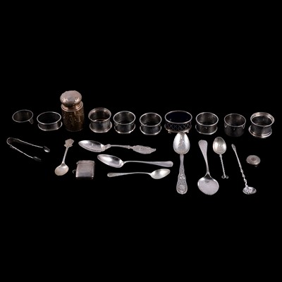 Lot 130 - Silver napkin rings; small spoons; American spoons; mustard; Continental lidded pot