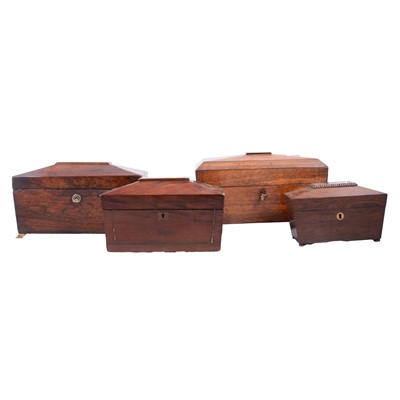 Lot 132 - Regency mahogany sarcophagus tea caddy and three other tea caddies