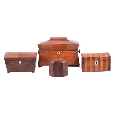 Lot 130 - Early Victorian mahogany sarcophagus tea caddy and three other tea caddies