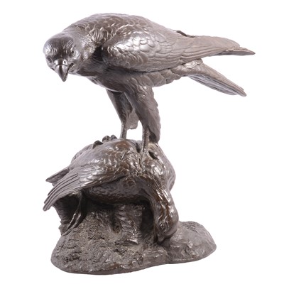 Lot 99 - Jeanne Rynhart (Irish, 1946-2020), a patinated resin sculpture of hawk and prey