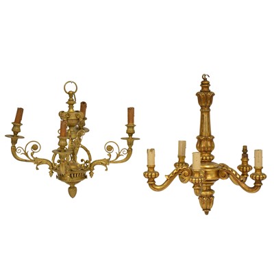 Lot 405 - Gilt metal four-light chandelier, and a gilt wood chandelier