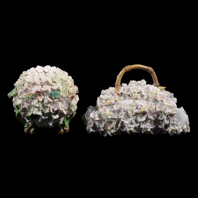 Lot 29 - French porcelain Schneeballen vase, and a floral encrusted basket