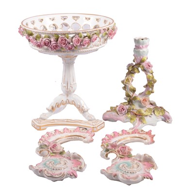 Lot 40 - Continental porcelain centre bowl, two frame sections, and a candlestick