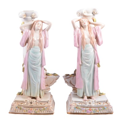 Lot 32 - Pair of German Art Nouveau porcelain figural candlesticks