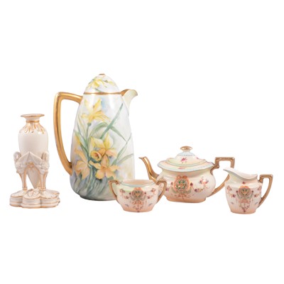 Lot 82 - Worcester-style vase, a Staffordshire pottery teaset, and a Continental painted coffee pot