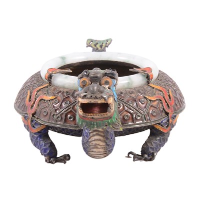 Lot 65 - Chinese white metal and cloisonne Dragon ashtray