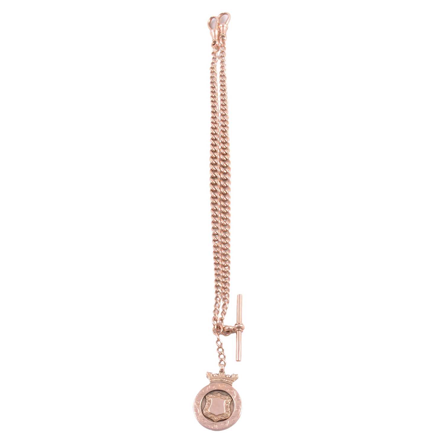 Lot 1099 - A 9 carat rose gold double Albert watch chain with fob.
