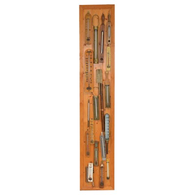 Lot 116A - Pine display board arrangement of thermometers