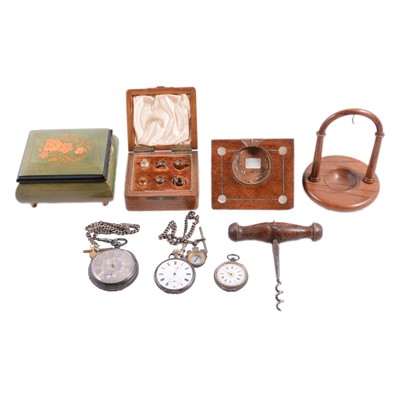 Lot 125 - Three silver pocketwatches, watch stands, miniature stoneware vessels, etc