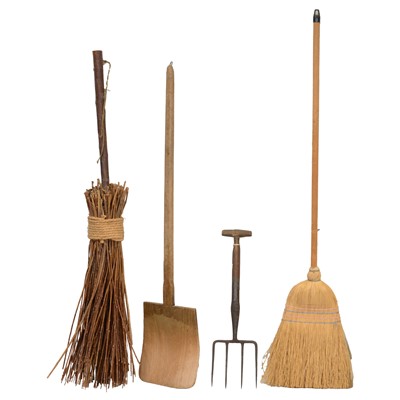 Lot 332 - A short-handled garden fork, a wooden shovel, and two brooms