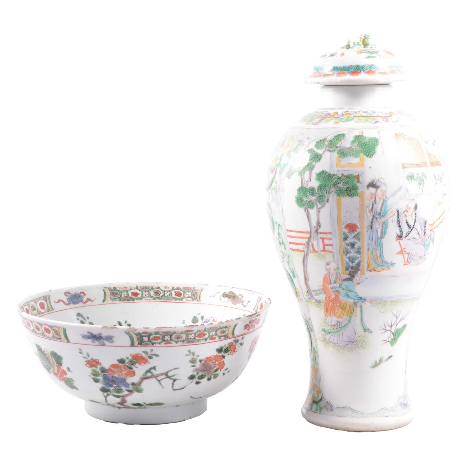 Lot 29 - Chinese famille verte vase, and a polychrome bowl