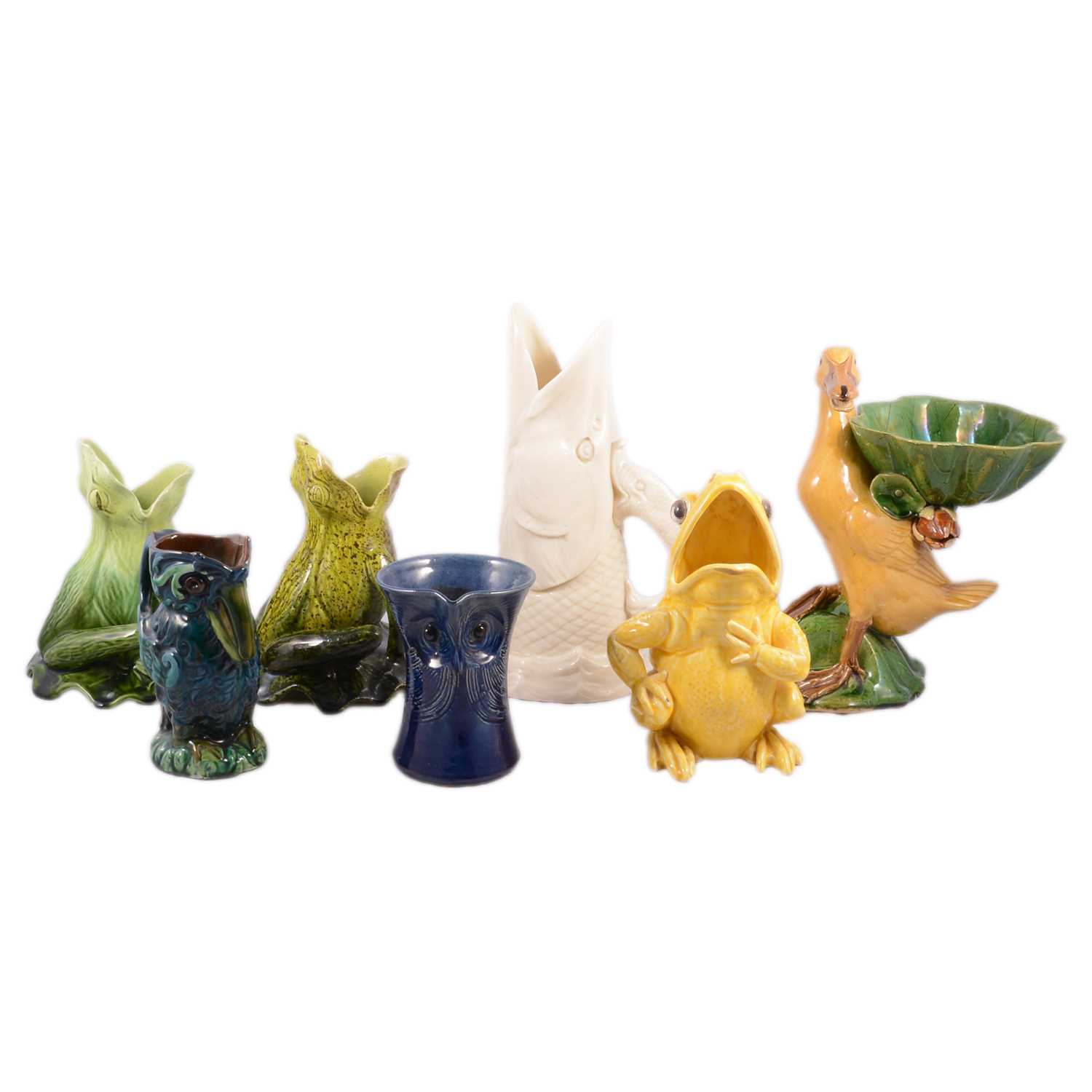 Lot 377 - Two Bretby style Art Pottery frogs, a Clement Massier type majolica frog, duck, two jugs and Worcester fish jug