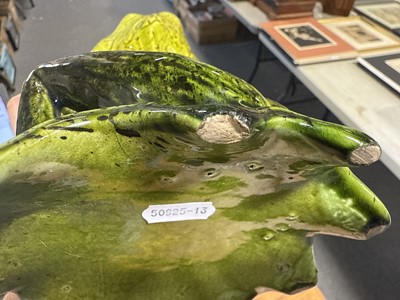 Lot 377 - Two Bretby style Art Pottery frogs, a Clement Massier type majolica frog, duck, two jugs and Worcester fish jug