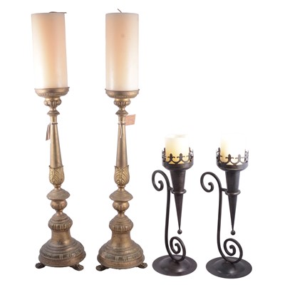 Lot 252 - Pair of Continental brass pricket candlesticks, and a pair of wrought metal candlestands