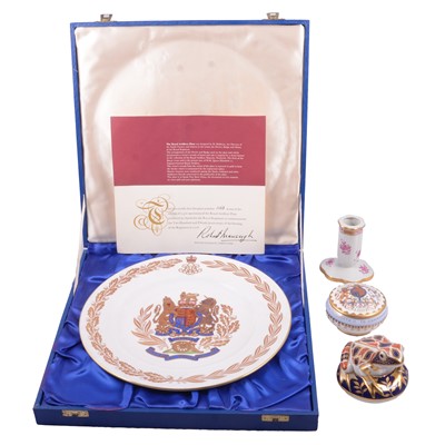 Lot 50 - Royal Crown Derby frog paperweight, Herend candlestick, Commemorative pot, Spode Royal Artillery Plate