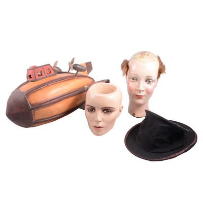 Lot 87 - Two vintage mannequin heads, collapsible top hat, and decorative items