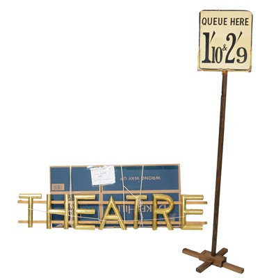 Lot 329 - Gilt wood signage 'THEATRE' and a queue stand