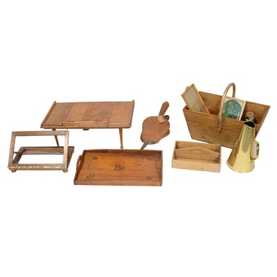 Lot 92 - Gilt wood tabletop adjustable reading stand, wooden grain bin, cutlery tray, oak lap tray, etc