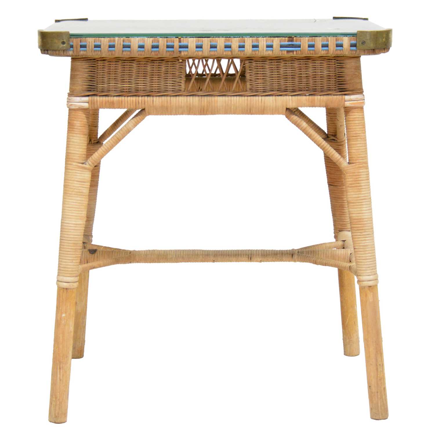 Lot 496 - Woven cane conservatory table, labelled Angrave