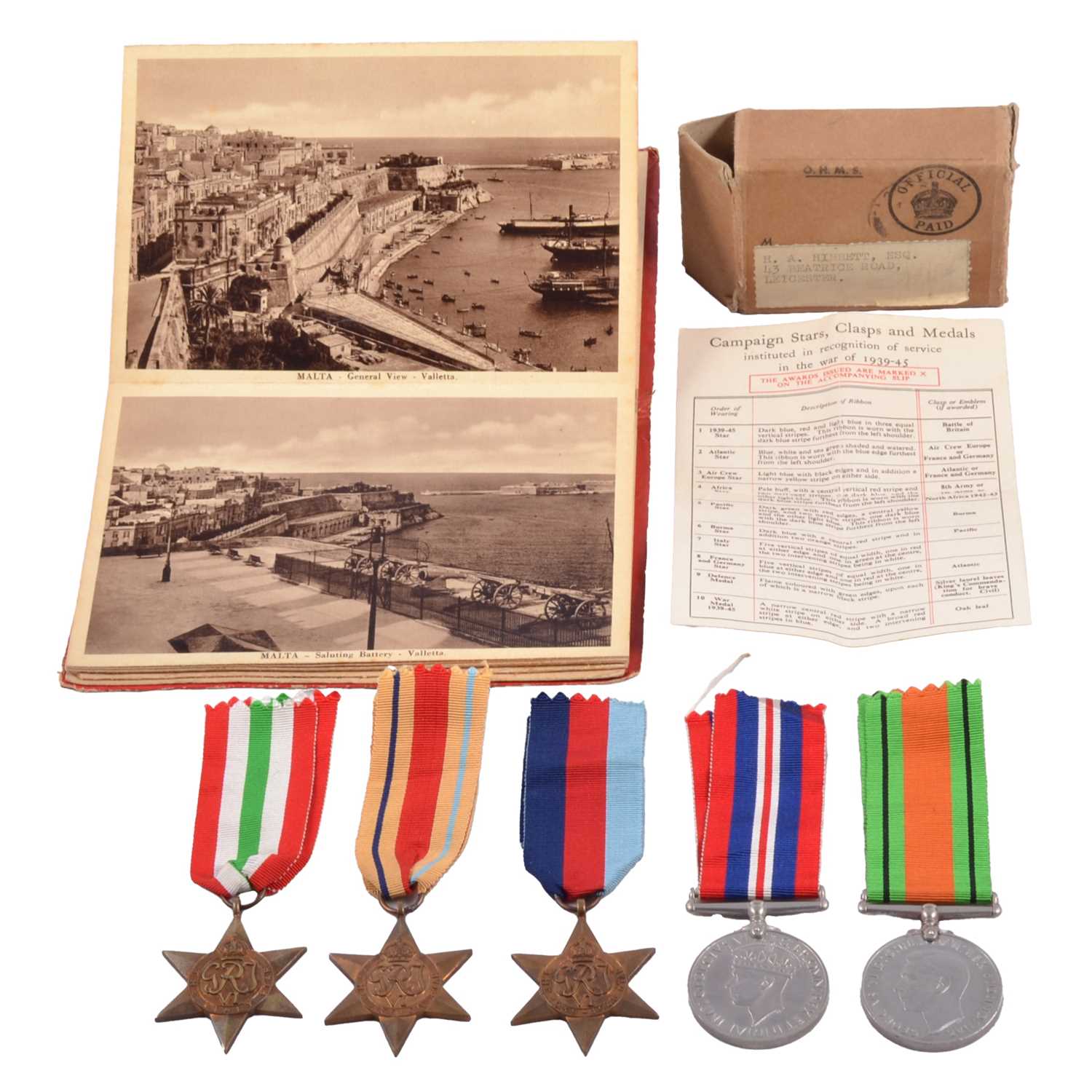 Lot 214 - Five WWII medals, Souvenir of Malta booklet.
