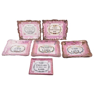 Lot 2 - Six Victorian Staffordshire pottery pink lustre plaques