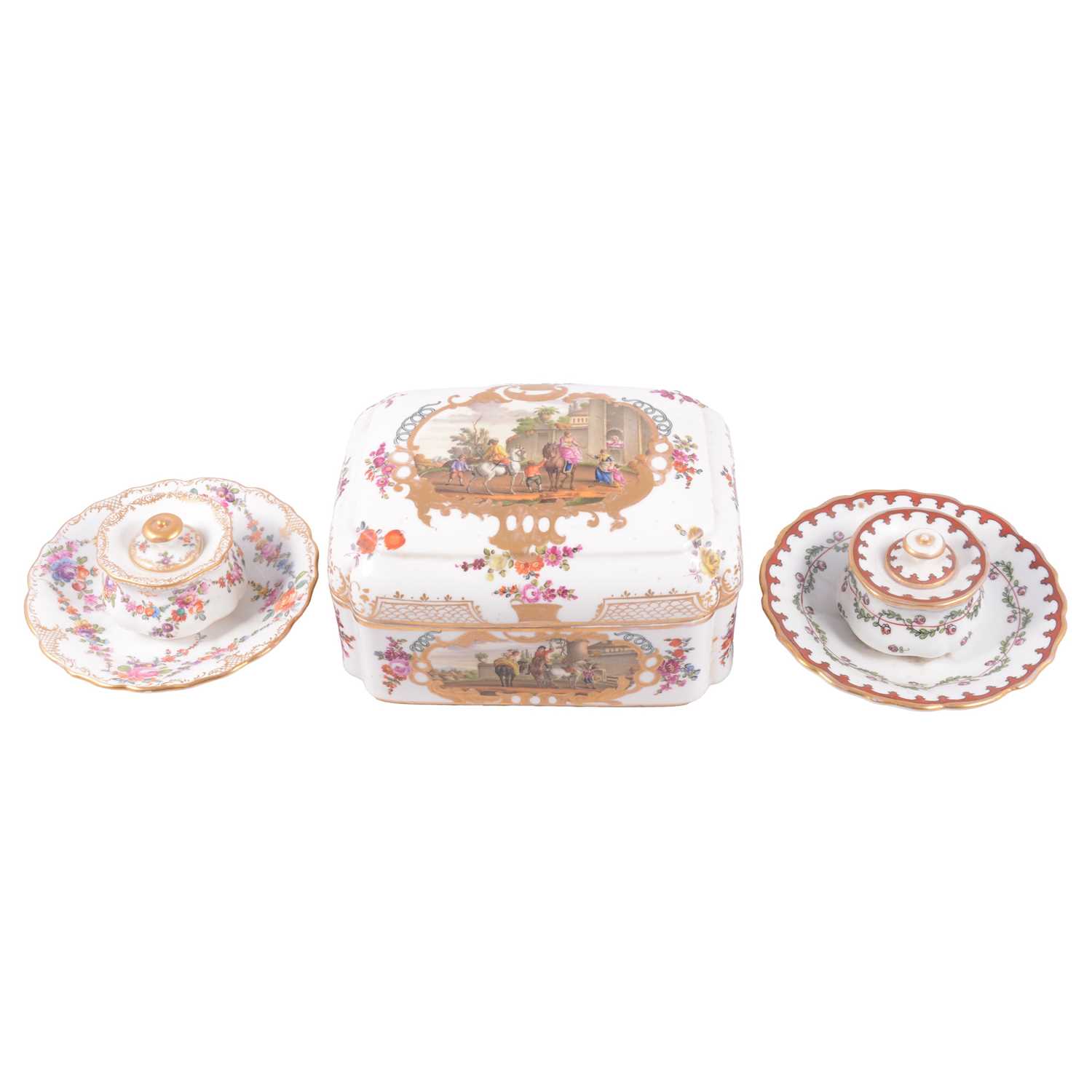 Lot 20 - Continental porcelain box, and two Dresden inkwells