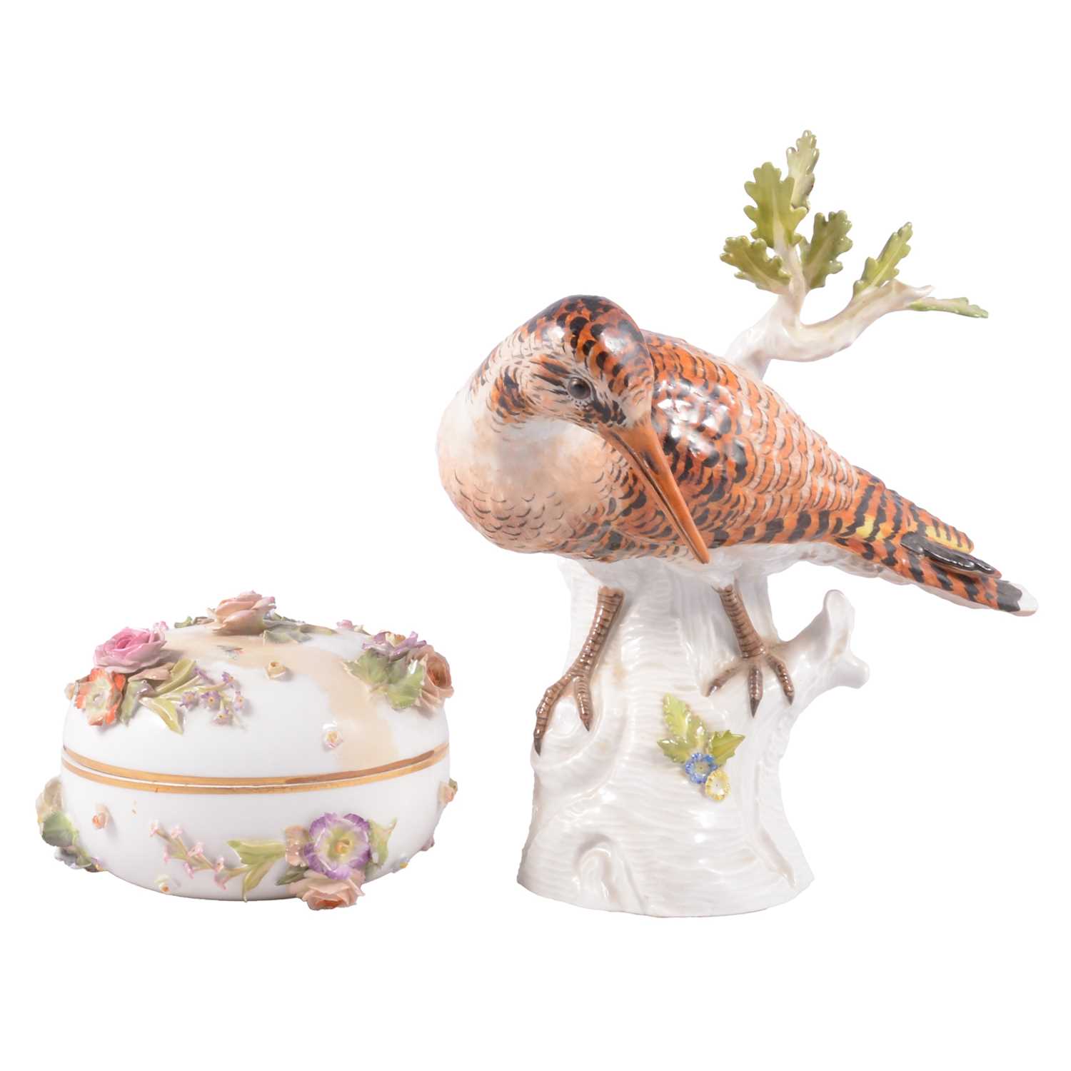 Lot 19 - Meissen porcelain model of a Snipe, and a Meissen covered bowl