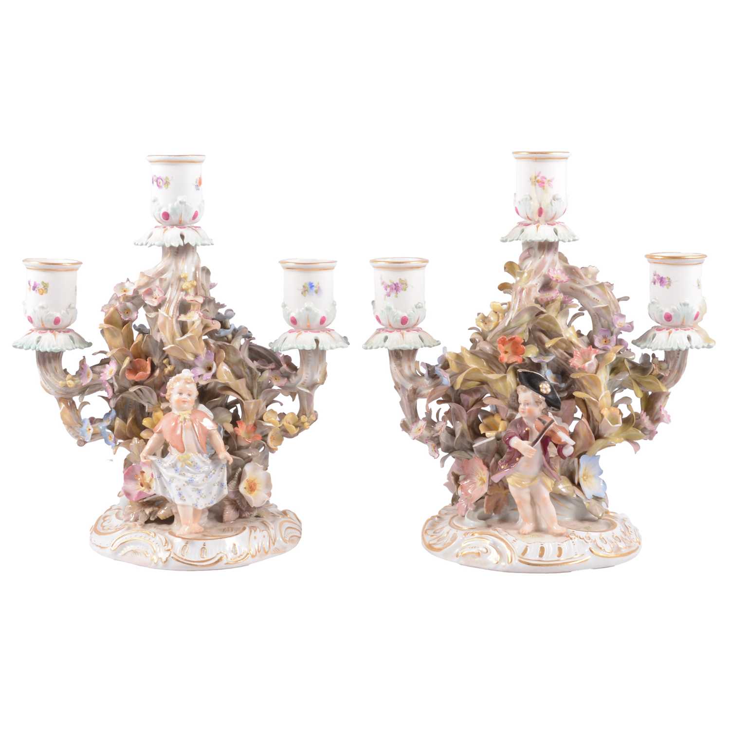 Lot 17 - Pair of Meissen porcelain three-light candelabra