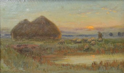 Lot 217 - Owen Baxter Morgan, Sheep in a landscape at dusk