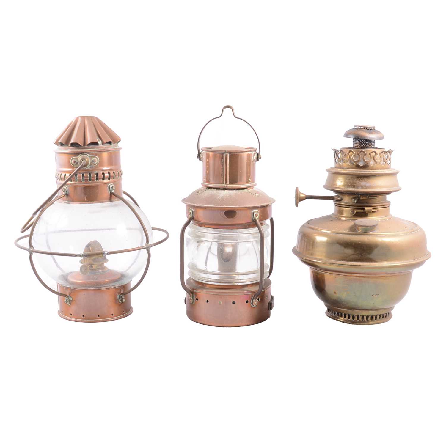 Lot 84 - Two copper ship's lamps and a brass and copper ceiling light