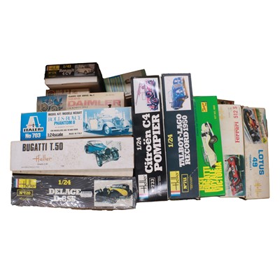 Lot 182 - Thirteen model vehicle kits, including Heller, Lindberg, Italeri, Airfix and others, all boxed