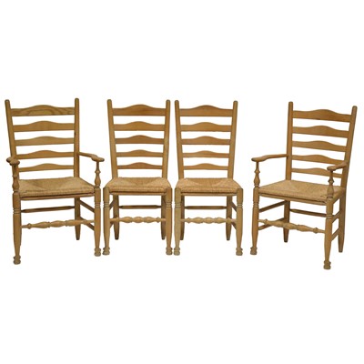 Lot 386 - Contemporary craftsman made light oak kitchen table and a set of ten chairs