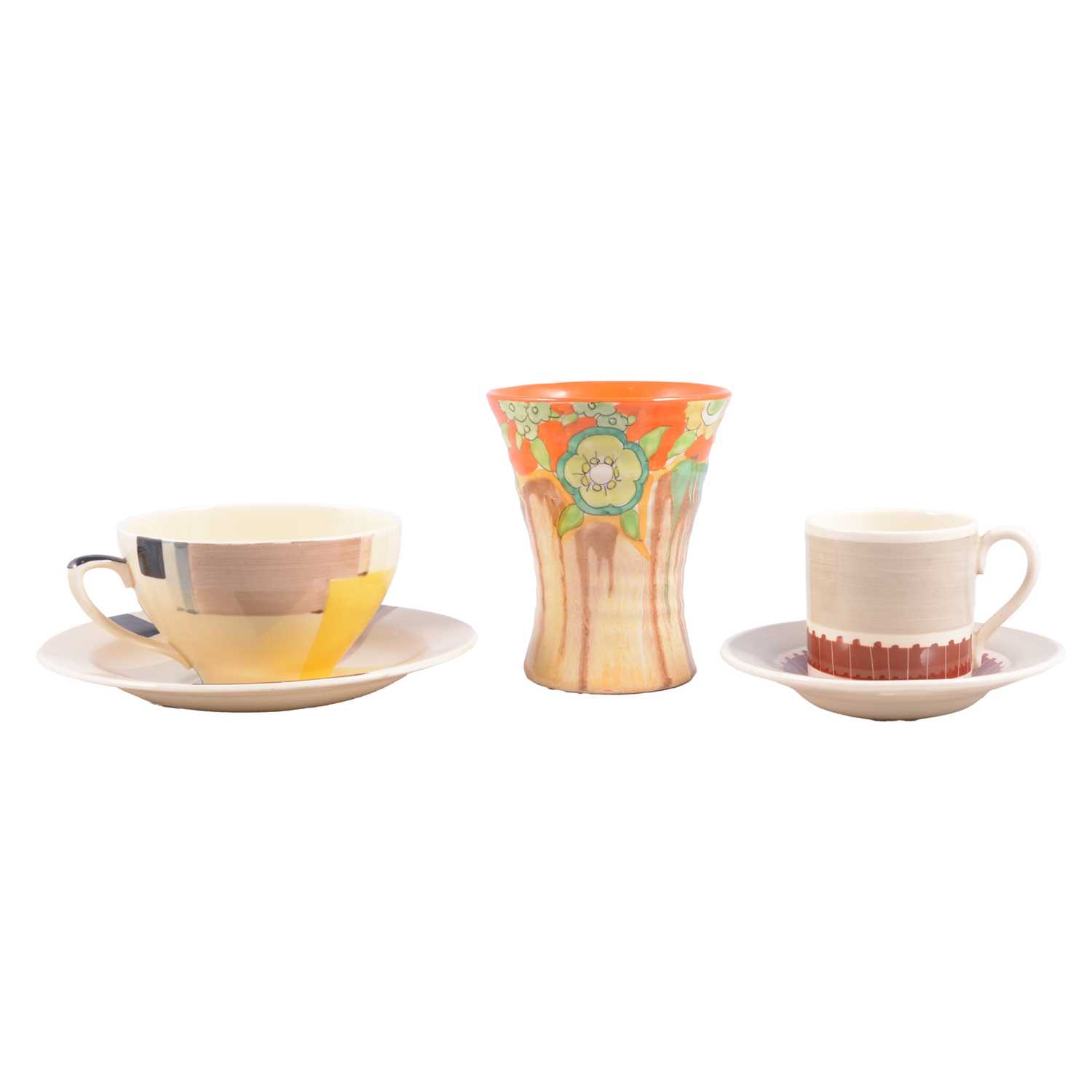 Lot 38 - Clarice Cliff small 'Jonquil' vase, and two Susie Cooper cups and saucers