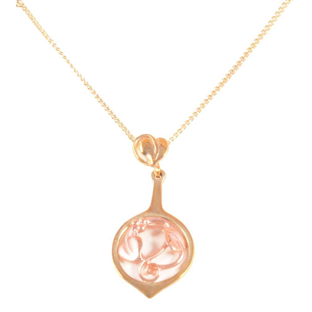 Lot 278 - Clogau - a 9 carat yellow and rose gold pendant on a chain, and matching earrings.
